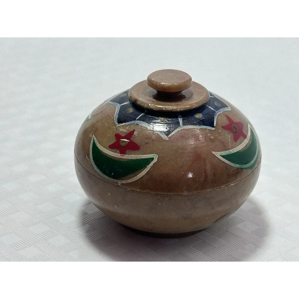 Vintage‎ Miniature India Stone Bowl with Lid, Hand Painted Stars and Crescents